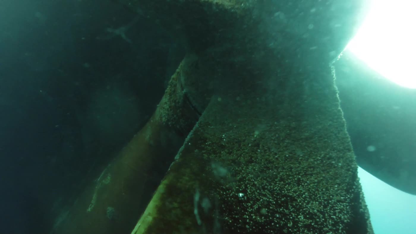 Ship rudder with granular fouling — FullHD ROV inspection